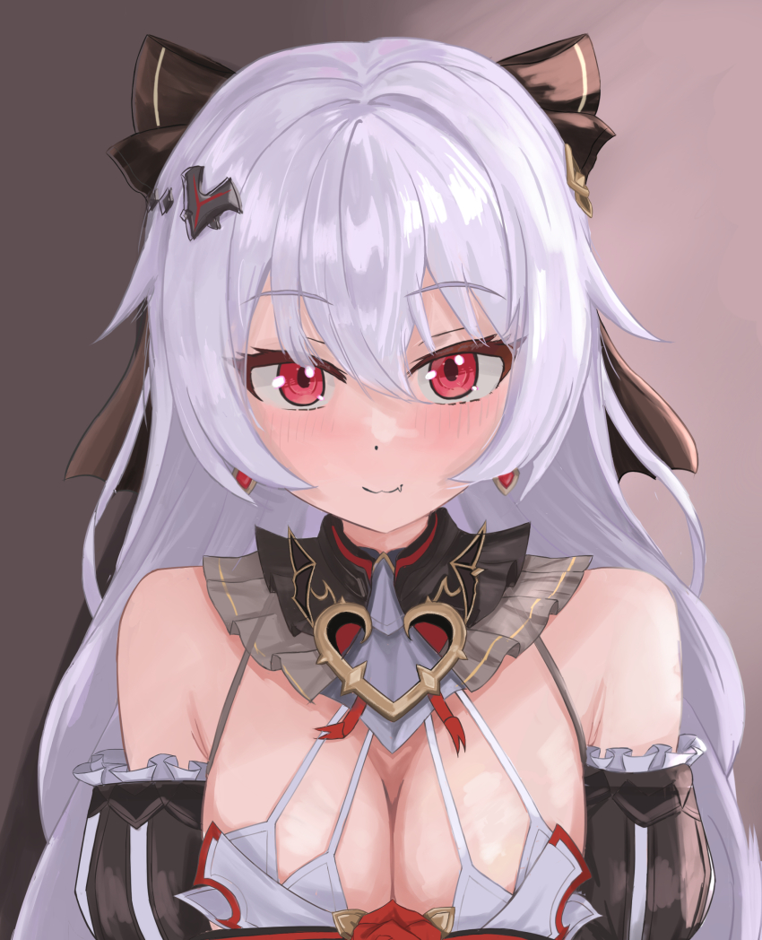1girl absurdres bat_hair_ornament breasts cleavage commentary_request detached_sleeves earrings grey_background hair_ornament highres honkai_(series) honkai_impact_3rd jewelry large_breasts long_hair looking_at_viewer masita_(kcsf3528) red_eyes simple_background smile solo theresa_apocalypse theresa_apocalypse_(luna_kindred) theresa_apocalypse_(lunar_vow:_crimson_love) upper_body very_long_hair white_hair