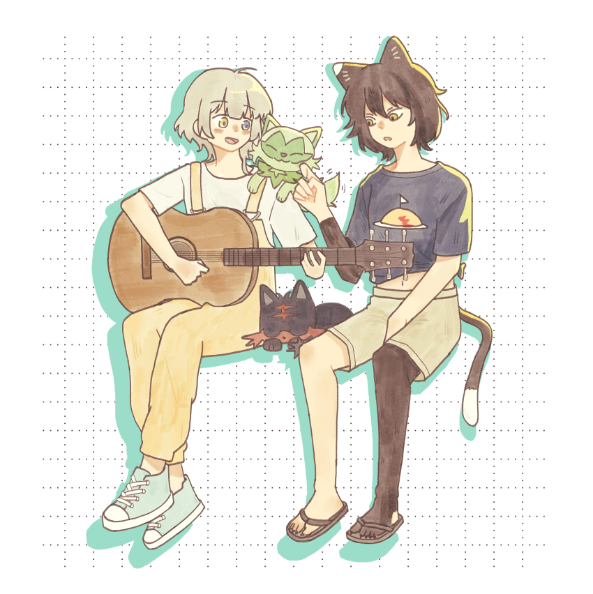 2girls bang_dream! bang_dream!_it&#039;s_mygo!!!!! black_hair blue_eyes blue_footwear blue_shirt cat_girl cat_tail crossover dungeon_meshi full_body gampong44 gen_7_pokemon grid_background heterochromia highres invisible_chair izutsumi kaname_raana litten medium_hair multiple_crossover multiple_girls nintendo on_shoulder open_mouth overalls pokemon pokemon_(creature) pokemon_on_shoulder shirt shoes short_sleeves shorts sitting sneakers sprigatito tail white_background white_hair white_shirt white_shorts yellow_eyes yellow_overalls