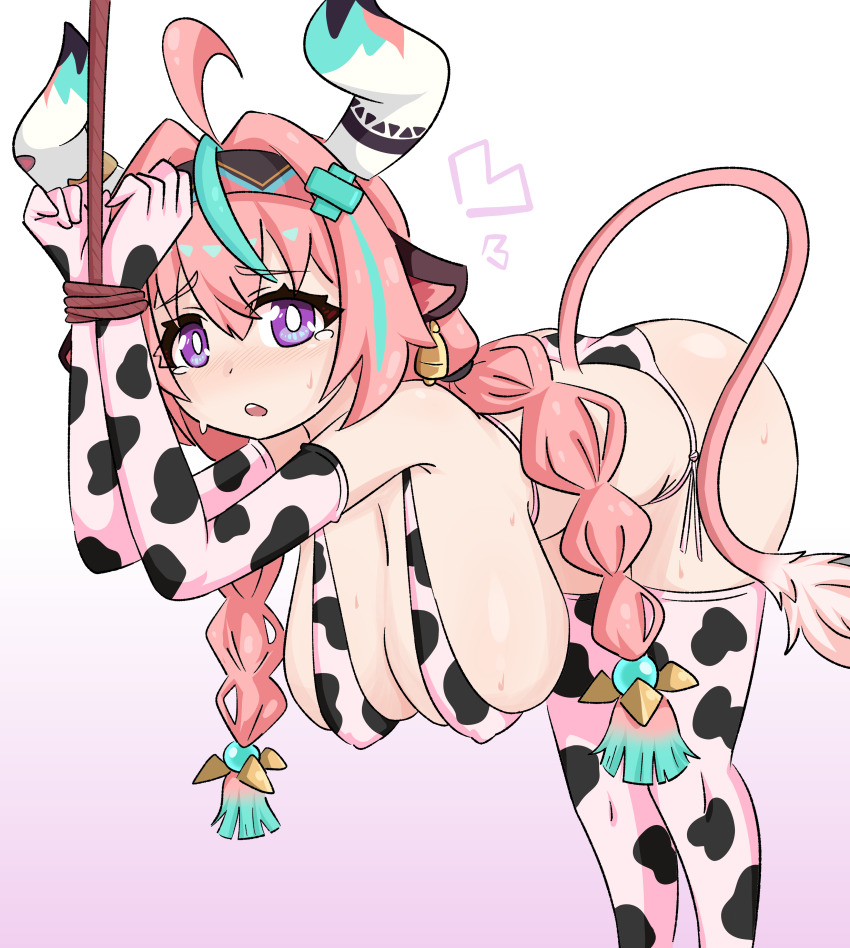 1girl animal_costume animal_ears armpits ass bell blue_hair blush breasts censored_nipples cow_costume cow_ears cow_girl cow_horns cow_tail cowbell doggy_style_(stand) female_focus genshin_impact horns jua large_breasts legs long_hair looking_at_viewer multicolored_hair nipples open_mouth panties pink_hair purple_eyes solo standing sweat tail tears thighhighs underwear varesa_(genshin_impact) wet