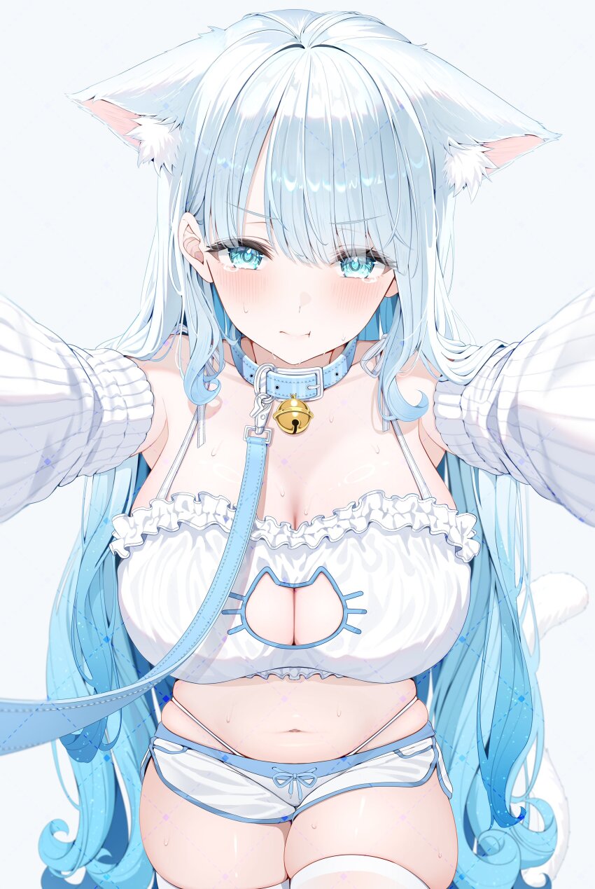 1girl absurdres animal_ears bell belt blue_background blue_belt blue_choker blue_collar blue_eyes blue_hair blue_theme blue_trim blush bra breasts cat_cutout cat_ears cat_girl cat_lingerie cat_tail choker cleavage cleavage_cutout closed_mouth clothing_cutout collar collarbone commission detached_sleeves dolphin_shorts extra_ears frilled_bra frills highres huge_breasts indie_virtual_youtuber jingle_bell long_hair looking_at_viewer meme_attire natsumiya_ramune navel neck_bell nikumega pink_lips pout reaching reaching_towards_viewer ribbed_sleeves shorts skeb_commission solo stomach sweat tail tearing_up thighhighs thighs underwear virtual_youtuber white_bra white_shorts white_sleeves white_thighhighs