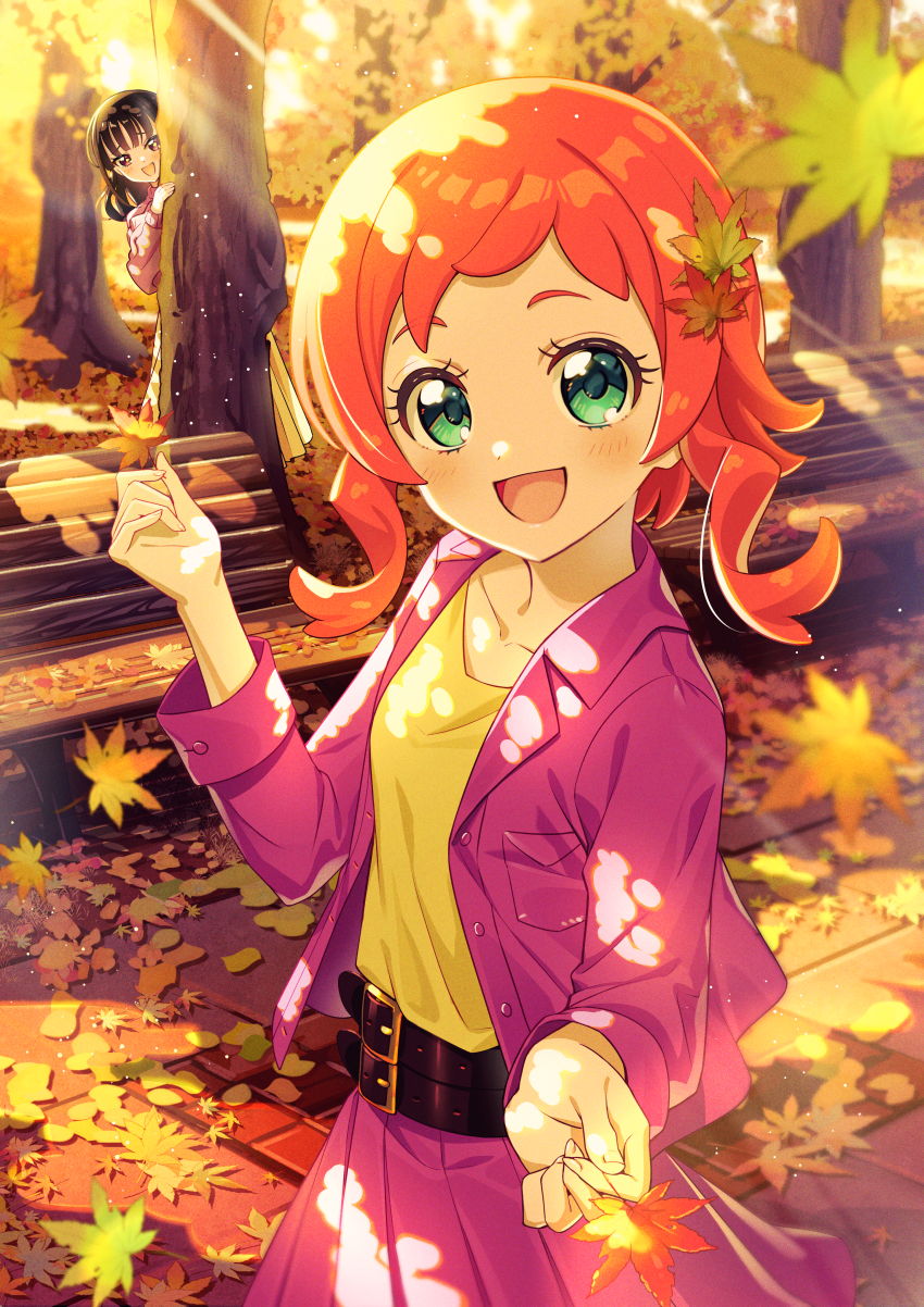 2girls :d absurdres autumn belt belt_buckle black_belt black_hair buckle collarbone dappled_sunlight green_eyes hair_ornament hiding highres inukai_iroha jacket leaf leaf_hair_ornament long_hair maple_leaf multiple_girls nekoyashiki_mayu open_clothes open_jacket open_mouth orange_hair pink_jacket pink_skirt pleated_skirt precure rice_rabbit22 shirt short_hair_with_long_locks sidelocks skirt smile solo_focus sunlight wonderful_precure! yellow_shirt
