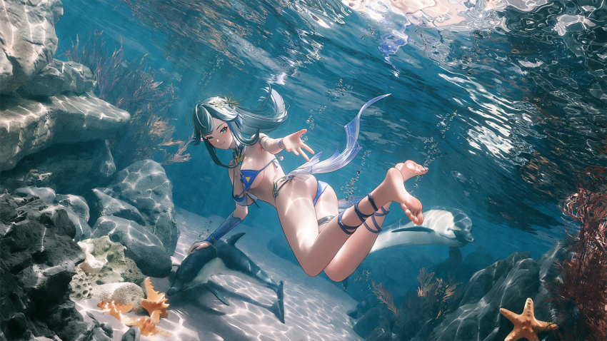 1girl ass barefoot bikini blue_eyes blue_hair feet highres katya_klein long_hair looking_at_viewer mr_ito smile snowbreak:_containment_zone soles swimsuit toes underwater