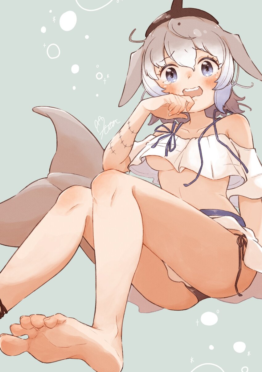 0nanaten 1girl absurdres arm_tattoo bare_arms bare_legs bare_shoulders barefoot bikini bikini_bottom_only bikini_skirt black_bikini blue_eyes blush breasts cetacean_tail collarbone commentary_request commission common_bottlenose_dolphin_(kemono_friends) dolphin_girl feet fins fish_tail grey_background grey_hair hair_between_eyes hand_to_own_mouth head_fins highres kemono_friends legs looking_at_viewer medium_breasts off-shoulder_shirt off_shoulder open_mouth shirt short_hair side-tie_bikini_bottom signature simple_background sitting skeb_commission skirt soles solo swimsuit tail tattoo tearing_up teeth toes underboob upper_teeth_only white_hair white_shirt white_skirt