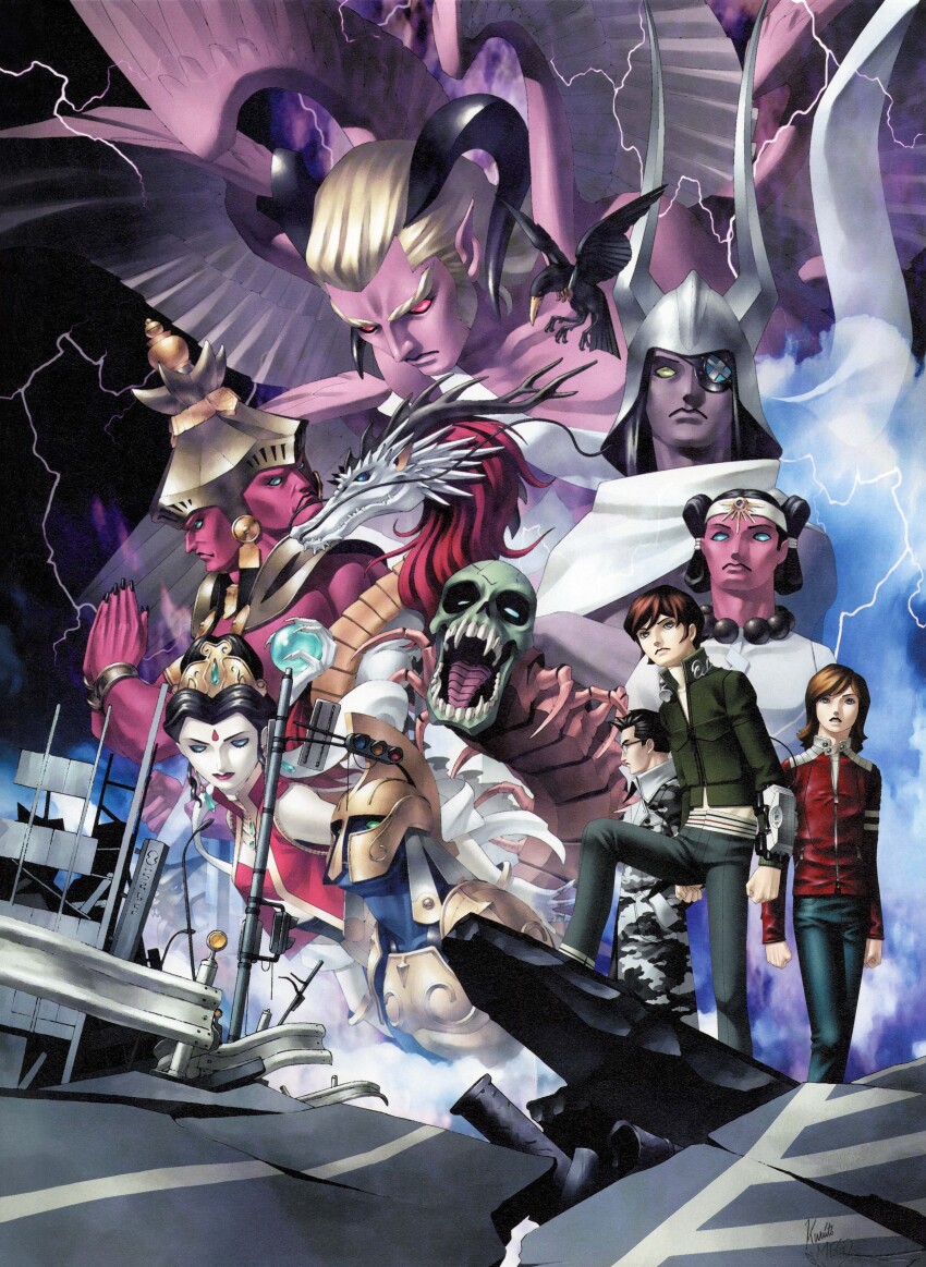 1girl 2others 6+boys absurdres angel_wings armor asura_(megami_tensei) bird black_hair blonde_hair blue_eyes brown_hair camouflage camouflage_jacket character_request colored_skin crow demon extra_arms extra_faces eyepatch glasses green_jacket helmet highres horns jacket kazuma_kaneko kazuya_(megami_tensei) lightning multiple_boys multiple_others odin_(megami_tensei) official_art open_mouth own_hands_together pink_skin red_eyes red_jacket red_skin rubble scan shin_megami_tensei shin_megami_tensei_i shiraishi_megumi_(colorist) signature take-mikazuchi takeshi_(megami_tensei) teeth third-party_edit white_skin wings wrist_computer yellow_eyes yuji_(megami_tensei)