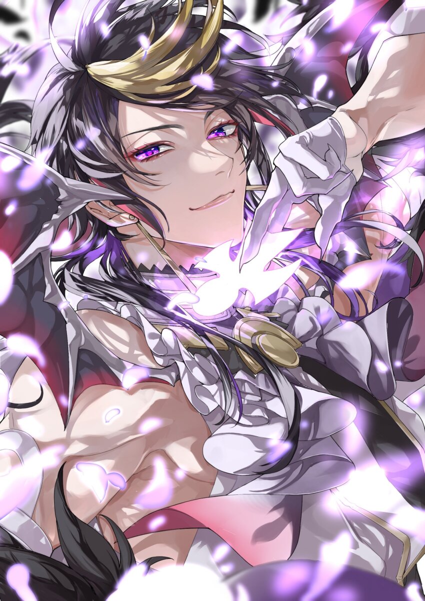 1boy bare_shoulders bishounen blonde_hair brown_hair closed_mouth colored_inner_hair earrings eyeshadow feather_boa fingernails frilled_shirt frills gloves hand_up highres jewelry long_hair looking_at_viewer makeup male_focus multicolored_hair nijisanji nijisanji_en pink_eyeshadow purple_eyes purple_hair sharp_fingernails shirt shu_yamino shu_yamino_(1st_costume) sleeveless sleeveless_shirt smile solo streaked_hair upper_body usukuchi_(hagi) virtual_youtuber white_background white_gloves wings