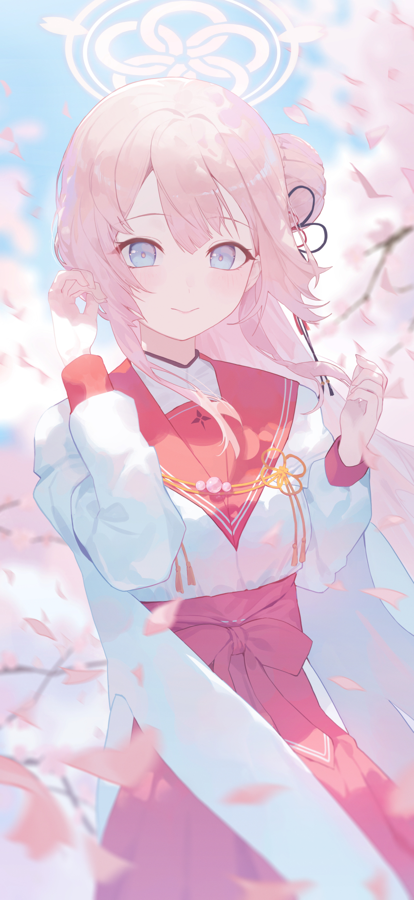 1girl absurdres blue_archive blue_eyes closed_eyes commentary_request falling_petals hair_bun hakama hakama_skirt halo hands_up highres japanese_clothes ka_mi_qian long_hair long_sleeves looking_at_viewer mimori_(blue_archive) petals pink_hair pink_halo pink_petals red_hakama red_sailor_collar red_skirt sailor_collar shirt shirt_tucked_in single_side_bun skirt smile solo white_shirt