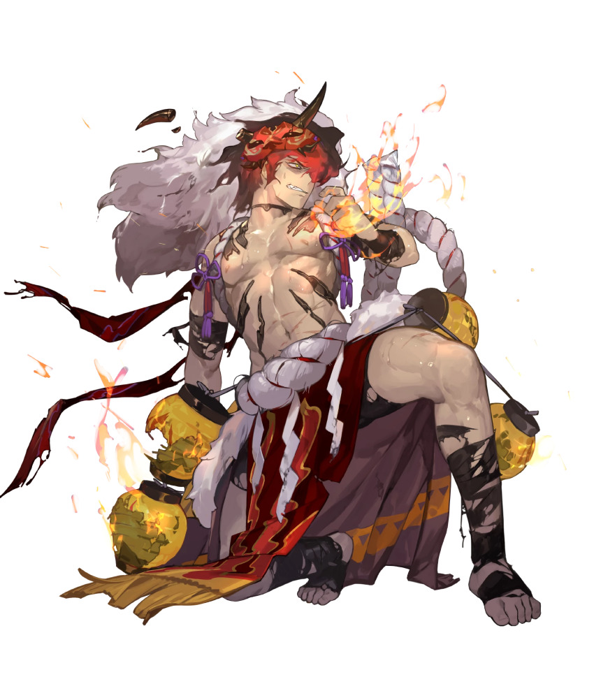 1boy abs bara body_markings burning_clothes damaged dark-skinned_male dark_skin dragon_mask fake_hair fire_emblem fire_emblem_heroes hair_over_one_eye highres muscular muscular_male muspell_(fire_emblem) muspell_(flame)_(fire_emblem) nintendo non-web_source official_alternate_costume official_art orange_hair pelvic_curtain red_eyes solo sumo