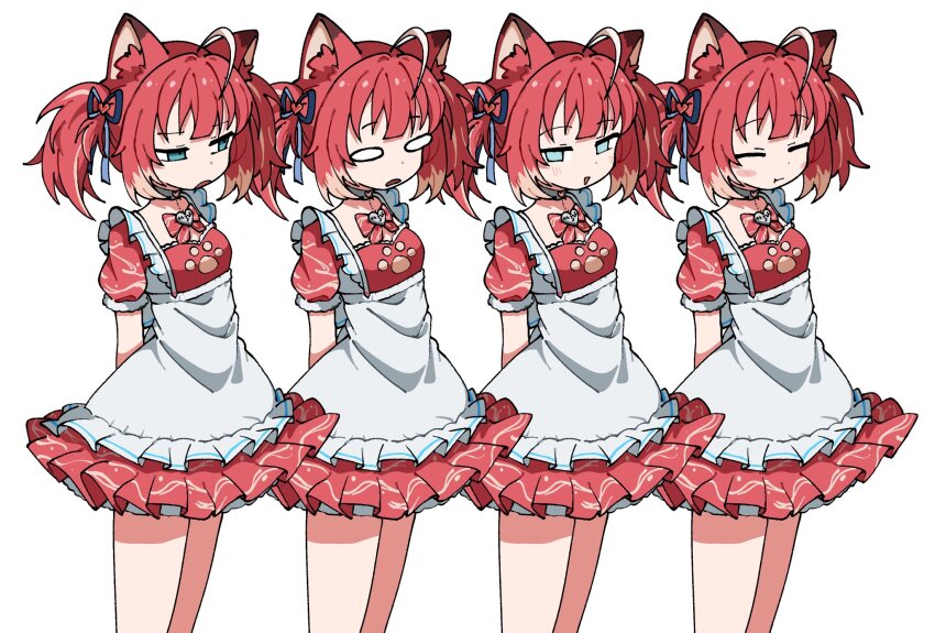 1girl :d ahoge akami_karubi animal_ear_fluff animal_ears apron aqua_eyes arms_behind_back closed_eyes closed_mouth cowboy_shot crazy_raccoon dress dyed_ahoge frilled_apron frills hair_ribbon highres looking_at_viewer looking_to_the_side multicolored_hair multiple_expressions odayaka open_mouth orange_hair paw_print pleated_dress puffy_short_sleeves puffy_sleeves raccoon_ears raccoon_girl red_dress red_hair ribbon short_hair short_sleeves simple_background smile standing twintails virtual_youtuber white_background white_hair