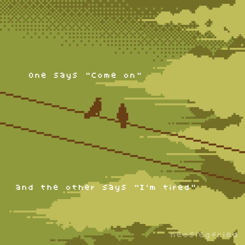 bird bird_on_power_lines cloud cloudy_sky dithering english_text highres no_humans onlypixeeels original outdoors pixel_art scenery sepia sky