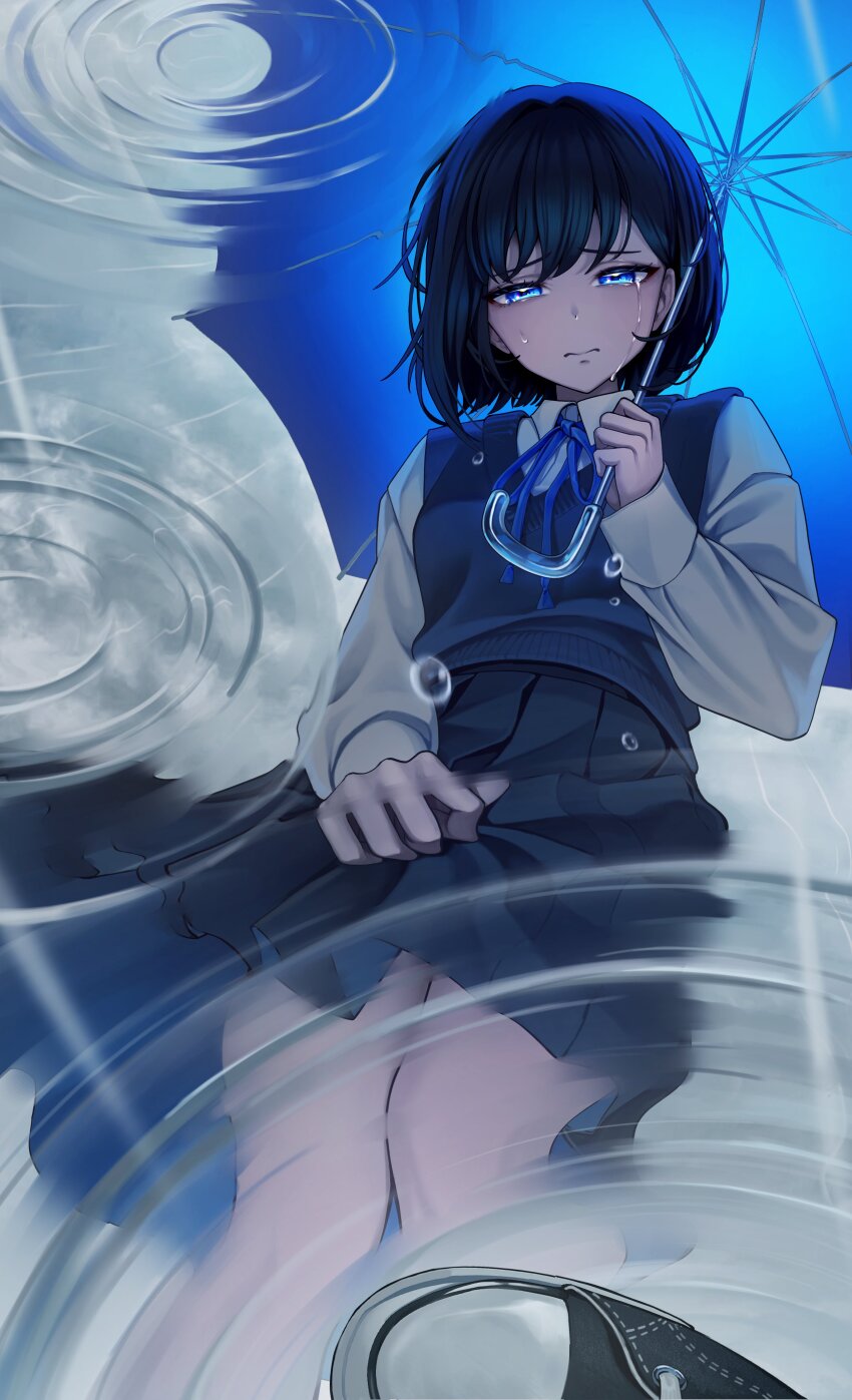 1girl absurdres black_hair black_shoes blue_eyes blue_ribbon blue_umbrella clothes_grab collared_shirt crying dress_shirt grey_skirt grey_vest highres holding holding_umbrella long_sleeves looking_at_reflection looking_at_self looking_down magictuna neck_ribbon original overcast pleated_skirt rain reflection reflection_focus reflective_water ribbon ripples school_uniform shirt shoes short_hair skirt skirt_grab sky sneakers solo tears umbrella vest white_shirt wing_collar