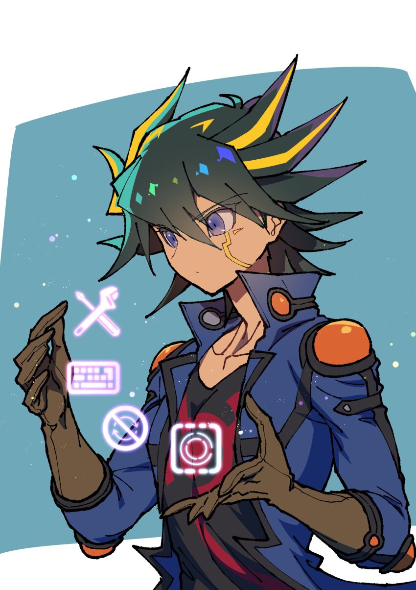 1boy absurdres black_hair black_shirt blonde_hair blue_background blue_jacket brown_gloves facial_mark fudo_yusei gloves highres holographic_interface jacket male_focus multicolored_hair purple_eyes shirt simple_background solo two-tone_hair upper_body white_background youko-shima yu-gi-oh! yu-gi-oh!_5d&#039;s