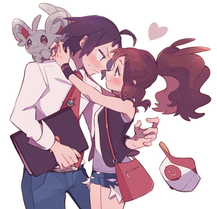 1boy 1girl bag baseball_cap belt blush brown_hair cheren_(pokemon) closed_mouth collared_shirt commentary_request eye_contact eyelashes face-to-face gen_5_pokemon hat heart hetero highres hilda_(pokemon) holding long_hair looking_at_another minccino misha_(ohds101) necktie nintendo pants pokemon pokemon_(creature) pokemon_bw pokemon_bw2 ponytail red_necktie shirt shorts sidelocks smile unworn_hat unworn_headwear vest white_shirt wristband