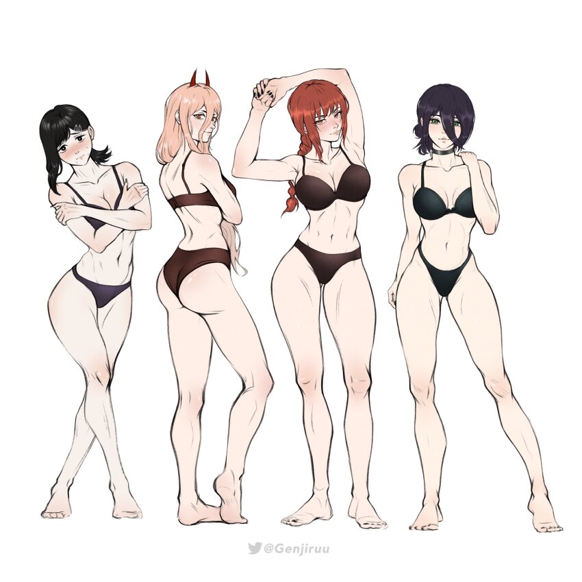 4girls armpits arms_up ass black_bra black_panties bra braid breasts chainsaw_man full_body genjiruu higashiyama_kobeni highres long_hair makima_(chainsaw_man) medium_breasts multiple_girls muscular navel panties power_(chainsaw_man) reze_(chainsaw_man) simple_background standing thick_thighs thighs toned toned_female underwear wedgie white_background
