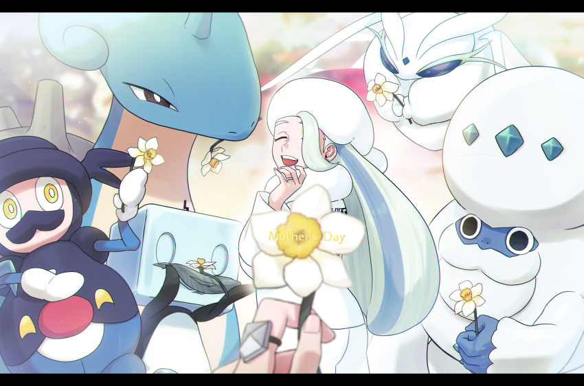 1girl :d closed_eyes commentary daffodil eiscue eiscue_(ice) flower frosmoth fur_hat galarian_darmanitan galarian_form game_freak gen_1_pokemon gen_8_pokemon gym_leader hand_up hat heyasamu highres holding jewelry lapras letterboxed long_hair long_sleeves mature_female melony_(pokemon) mother&#039;s_day mr._rime multicolored_hair nintendo open_mouth pokemon pokemon_(creature) pokemon_swsh ring scarf shorts smile streaked_hair teeth white_flower white_headwear white_scarf |d