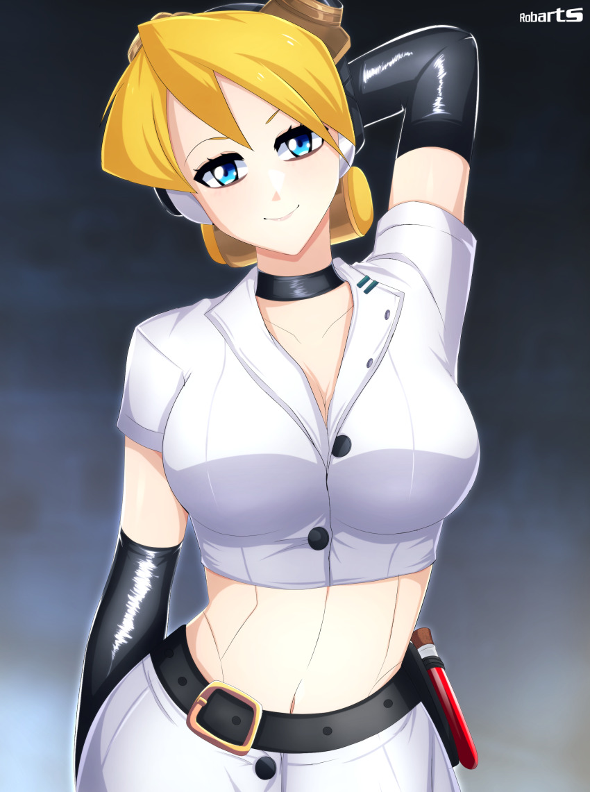 1girl absurdres alia_(mega_man) arm_behind_back axasempai blonde_hair blue_eyes blurry blurry_background breasts cowboy_shot cropped_shirt elbow_gloves gloves grey_background halloween highres large_breasts mega_man_(series) mega_man_x_(series) midriff robot_girl shirt skirt solo white_gloves white_shirt white_skirt