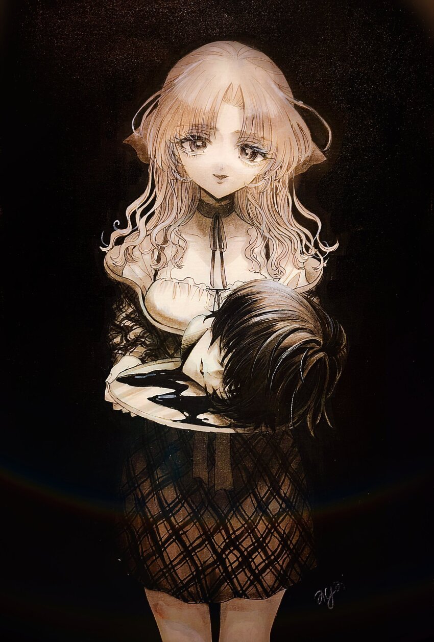 1boy 1girl aya_carmine black_background blood blood_from_neck bow choker cowboy_shot curtained_hair dress hair_bow highres hitomi_hirosuke_(sayonara_wo_oshiete) holding holding_tray long_hair looking_at_viewer monochrome parted_lips ribbon_choker sayonara_wo_oshiete sepia severed_head short_dress short_hair simple_background smile standing tray ueno_koyori wavy_hair
