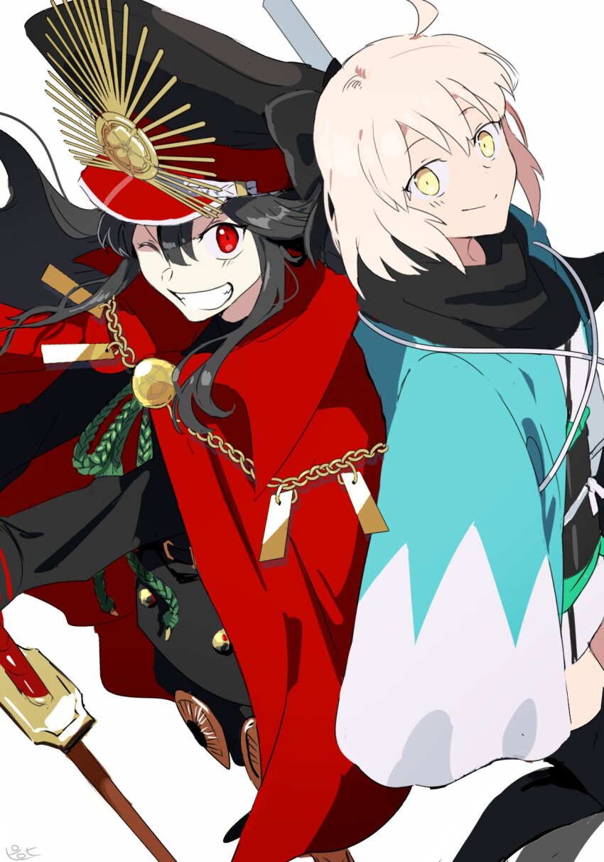 2girls ;d ahoge back-to-back black_coat black_hair black_hat black_scarf black_thighhighs blonde_hair cape closed_mouth coat commentary_request fate_(series) grin haori hat highres japanese_clothes koha-ace long_hair looking_at_viewer multiple_girls oda_nobunaga_(fate) oda_nobunaga_(koha-ace) oda_uri okita_souji_(fate) okita_souji_(koha-ace) one_eye_closed open_mouth peaked_cap pirohi_(pirohi214) red_cape red_eyes scarf short_hair simple_background smile sword thighhighs weapon white_background yellow_eyes
