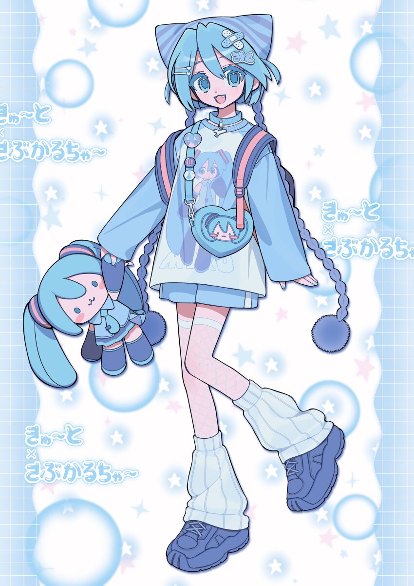 1girl :d absurdres animal_ear_headwear backpack bag bandaid bandaid_hair_ornament blue_eyes blue_hair blue_shirt blue_shoes blue_shorts character_doll character_print commentary_request doll fake_animal_ears fang full_body hair_ornament hatsune_miku highres holding holding_stuffed_toy long_hair long_sleeves looking_at_viewer loose_socks nankai_(nankai_san) open_mouth print_shirt ribbed_socks shirt shoes shorts smile sneakers socks solo standing star_(symbol) stuffed_toy text_hair_ornament vocaloid white_background white_socks