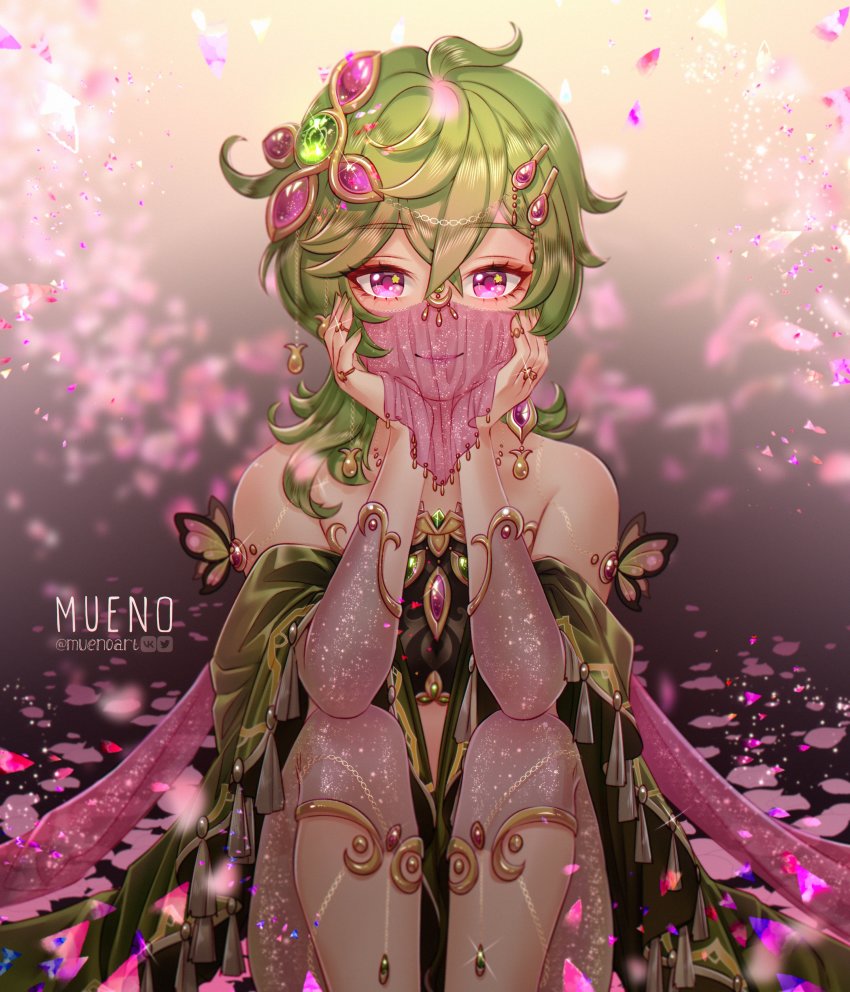 1girl absurdres arabian_clothes artist_name bare_shoulders blurry blurry_background collei_(genshin_impact) commentary english_commentary genshin_impact green_hair hair_between_eyes hair_ornament hands_on_own_face highres jewelry long_hair looking_at_viewer mouth_veil muenoart pedal pink_eyes pink_lips sitting smile solo veil
