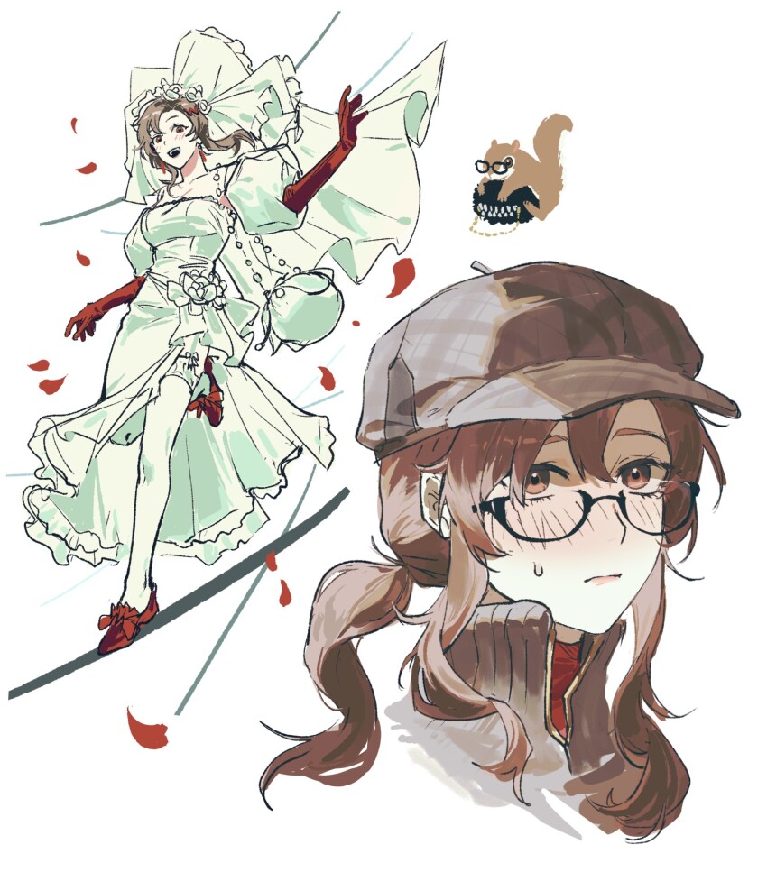 1girl :d animalization blush brown_eyes brown_hair dress elbow_gloves falling_petals flower flying_squirrel full_body glasses gloves grey_hat gyeol_124 hair_flower hair_ornament hand_up hat high_collar highres leg_up long_dress long_hair long_sidelocks melania_(a_peaceful_night)_(reverse:1999) melania_(reverse:1999) ms._acey multiple_views newsboy_cap official_alternate_costume open_mouth person_and_animalization petals ponytail portrait puffy_short_sleeves puffy_sleeves red_gloves red_shoes reverse:1999 running shoes short_sleeves side_slit sidelocks smile squirrel sweat thighhighs veil wedding_dress white_background white_bag white_dress white_flower white_thighhighs white_veil