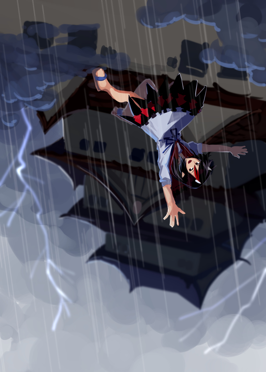 1girl absurdres black_dress black_hair blue_ribbon cloud cloudy_sky double_dealing_character dress dress_ribbon floating furahata_gen highres horns kijin_seija lightning platform_sandals rain ribbon sandals shining_needle_castle sky sleeve_cuffs small_horns solo touhou two-tone_dress upside-down white_dress white_horns