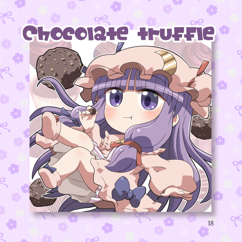 1girl :t blue_bow blue_ribbon blunt_bangs blush border bow bun_cover chocolate closed_mouth commentary_request double_bun dress eating food food_name footwear_bow full_body hair_bun hair_ribbon hat hat_ribbon highres holding holding_chocolate holding_food long_hair long_sleeves mob_cap page_number patchouli_knowledge pink_hat pink_shoes purple_border purple_eyes purple_hair red_bow red_ribbon ribbon robe rokugou_daisuke shoes sidelocks solo striped_clothes striped_dress touhou white_dress