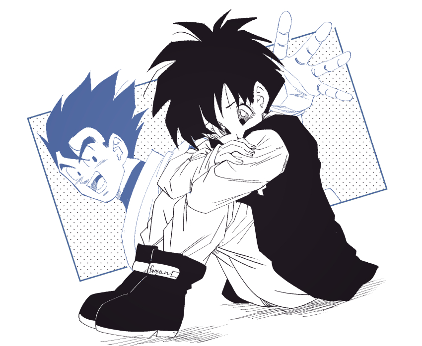 1boy 1girl artist_name dragon_ball dragonball_z fenyon full_body highres monochrome pants shirt short_hair simple_background single_tear solo_focus son_gohan spot_color videl white_background