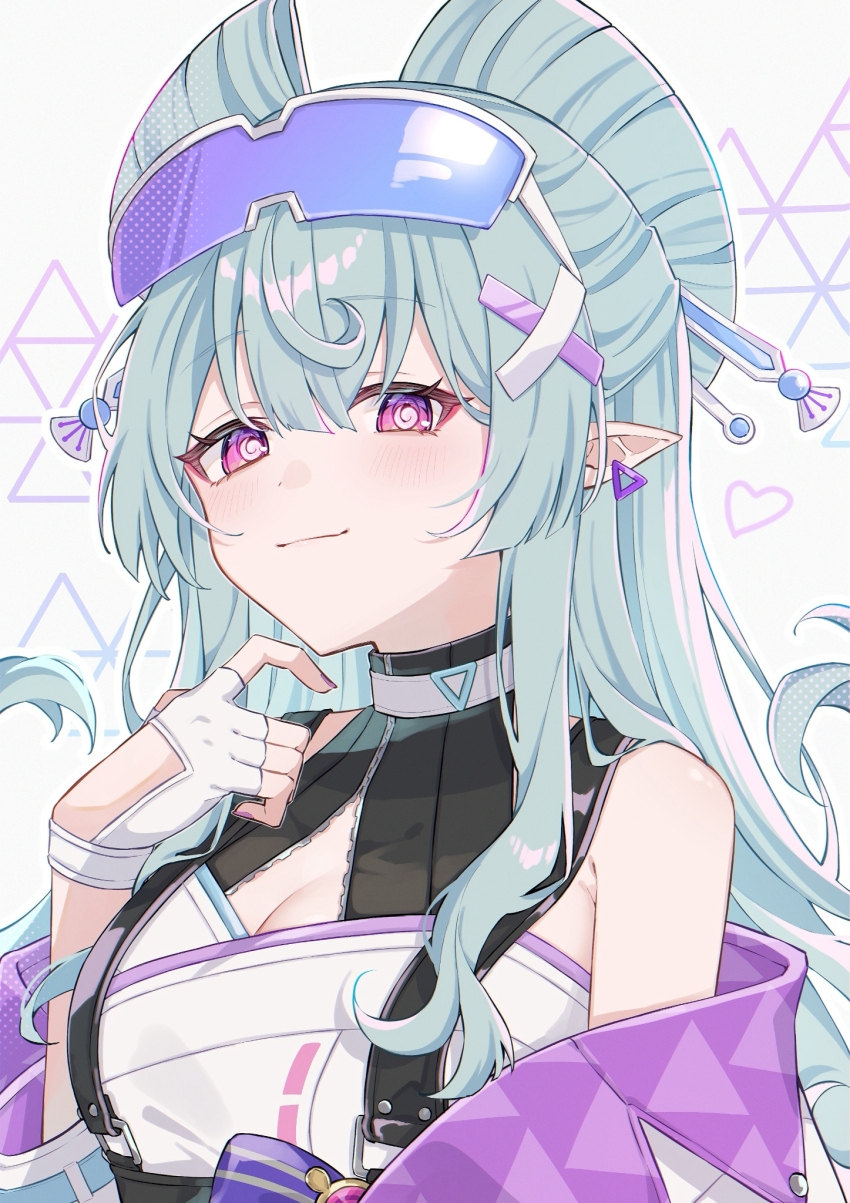 1girl aqua_hair black_shirt breasts detached_sleeves eyewear_on_head fingerless_gloves genshin_impact gloves hair_ornament highres jacket nya_inuha purple_eyes purple_jacket shirt smile solo white_gloves white_shirt x_hair_ornament yumemizuki_mizuki