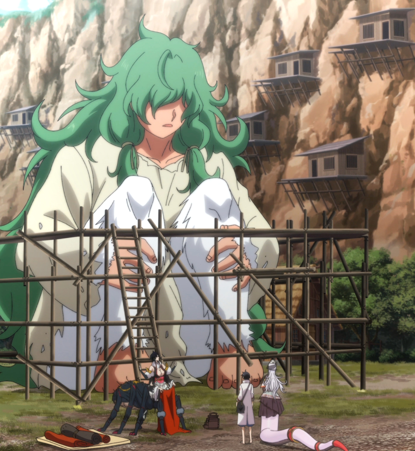 1boy 3girls arachne arahnia_taranterra_arachnida arthropod_girl dione_nephilim giant giantess glenn_litbeit green_hair highres insect_girl lamia monster_girl monster_musume_no_oisha-san multiple_girls saphentite_neikes spider_girl taur