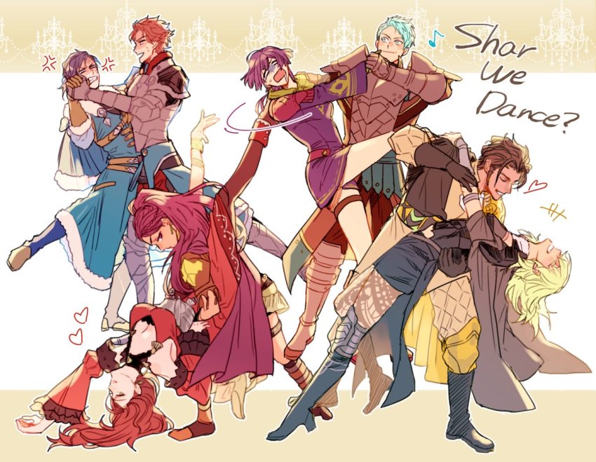 4boys 4girls 5_(femfamme) angry armor bernadetta_von_varley bernadetta_von_varley_(timeskip) blue_hair bracelet breasts brown_hair female_byleth_(fire_emblem) caspar_von_bergliez caspar_von_bergliez_(timeskip) claude_von_riegan claude_von_riegan_(timeskip) cleavage dancing dark-skinned_male dark_skin dorothea_arnault dorothea_arnault_(timeskip) drooling english_text engrish_text felix_hugo_fraldarius felix_hugo_fraldarius_(timeskip) fire_emblem fire_emblem:_three_houses gloves green_hair jewelry laughing leg_up multiple_boys multiple_girls musical_note nintendo petra_macneary petra_macneary_(timeskip) ponytail purple_hair ranguage sylvain_jose_gautier sylvain_jose_gautier_(timeskip)