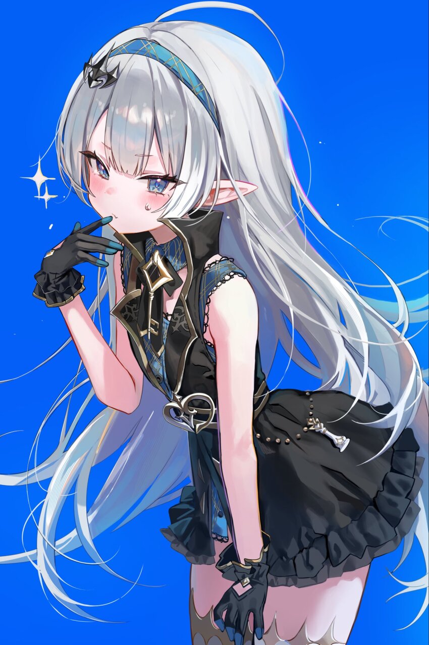 1girl black_gloves black_necktie blue_background blue_eyes blush dress female_tyrant_(stella_sora) gloves grey_hair hair_ornament hairband hand_up highres long_hair looking_at_viewer necktie pointy_ears riko_(rik0ring) simple_background sleeveless sleeveless_dress solo standing stella_sora sweat tyrant_(stella_sora) very_long_hair
