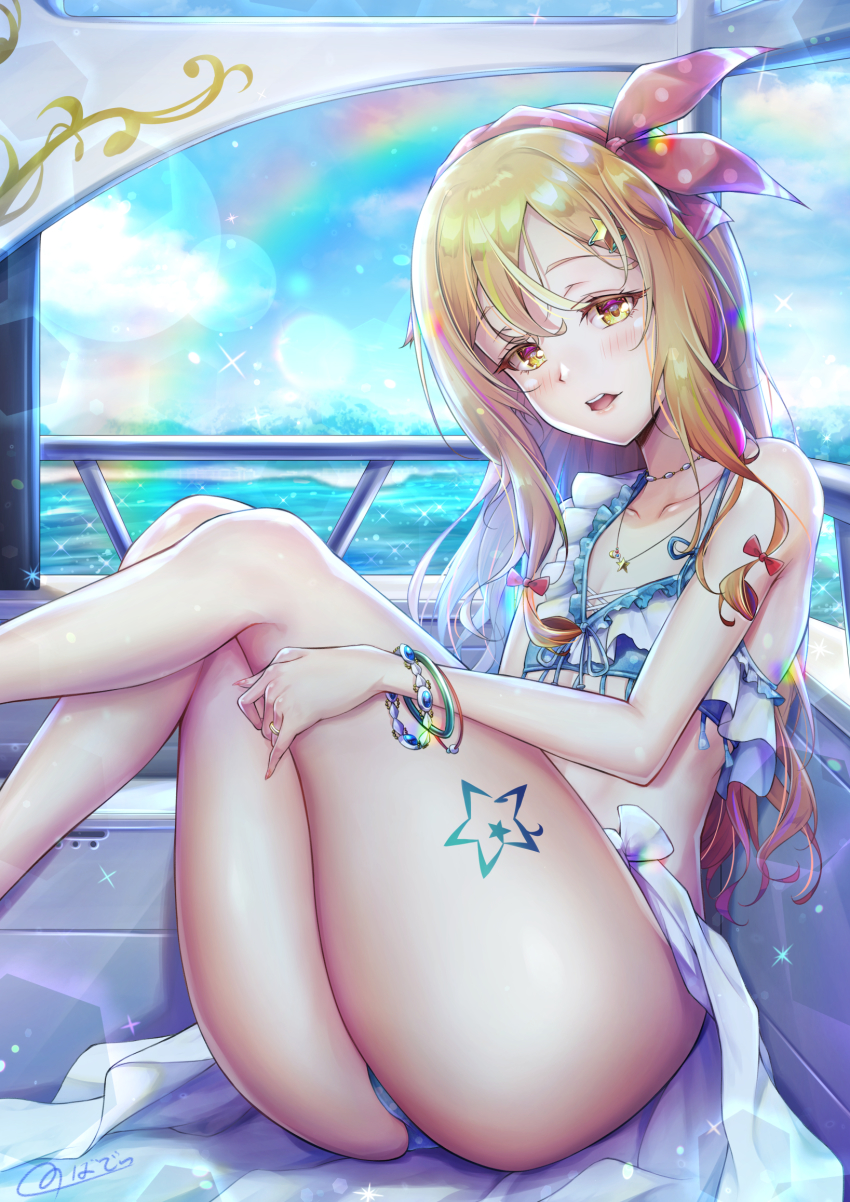 1boy ass bare_shoulders bikini blonde_hair blush bracelet fingernails hair_ribbon highres huge_ass jewelry long_fingernails long_hair looking_at_viewer natsusora_wakana novady open_mouth original ribbon sarong sharp_fingernails shiny_skin sitting solo star_tattoo swimsuit tattoo thick_thighs thighs tongue trap yellow_eyes