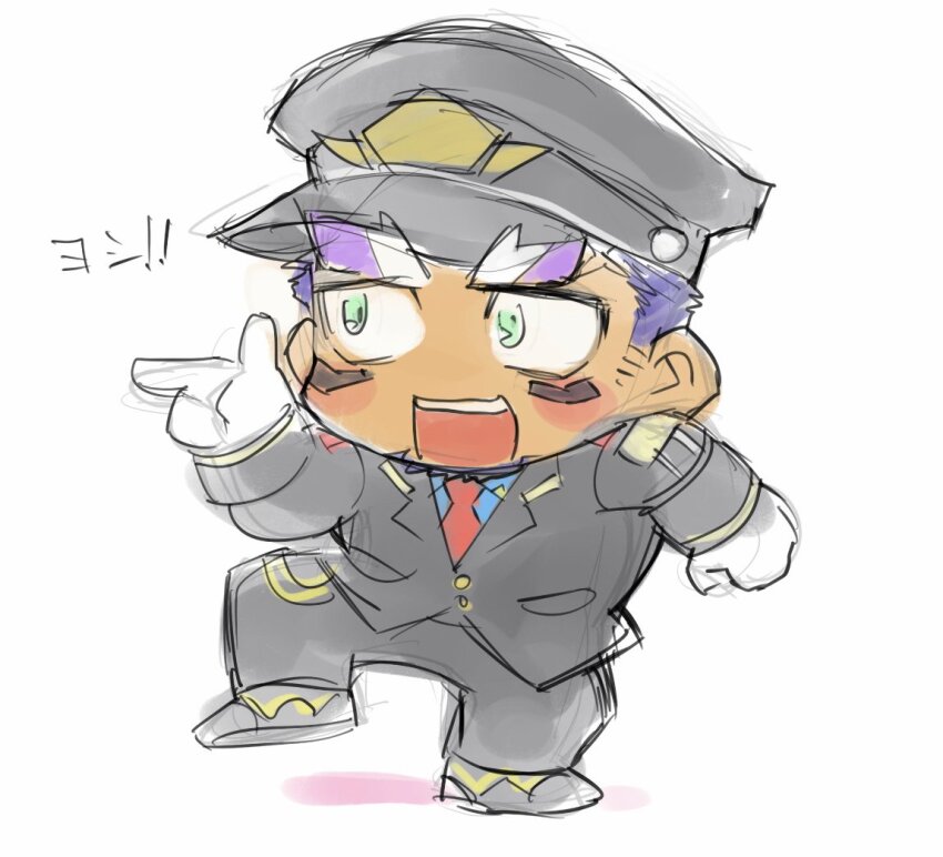 1boy bara blush_stickers chibi dark-skinned_male dark_skin facial_hair full_body goatee live_a_hero male_focus merchandise_available pointing pointing_forward purple_hair shaft_(live_a_hero) short_hair sideburns_stubble sketch solo standing standing_on_one_leg stubble thick_eyebrows translation_request yakisoba_ohmori