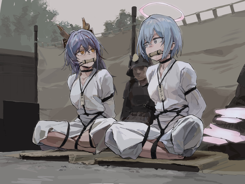2boys 2girls a_tea akafuyu_(arknights) arknights armor bamboo bdsm bit_gag blue_hair bondage bound female_focus gag gagged grey_eyes highres horn_(arknights) horns japanese_armor multiple_boys multiple_girls nian_(arknights) restrained samurai shibari shibari_over_clothes sitting smile spuria_(arknights) wariza yellow_eyes