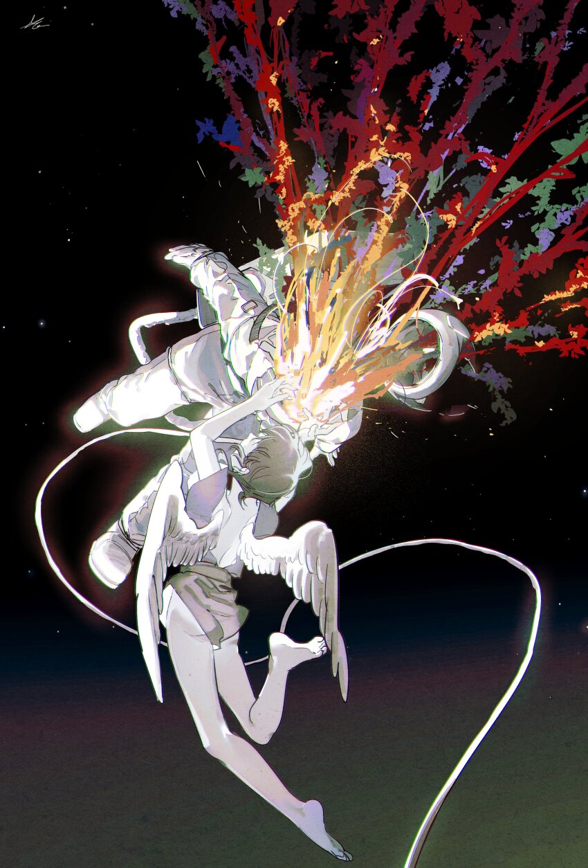 1girl absurdres angel_wings astronaut backless_outfit bag bare_legs barefoot feathered_wings fireworks floating gloves grey_shorts greyscale hair_between_eyes helmet highres in_orbit looking_up monochrome original school_bag shirt short_hair short_sleeves shorts signature sky space space_helmet star_(sky) starry_sky toes toktin_zq white_footwear white_gloves wings