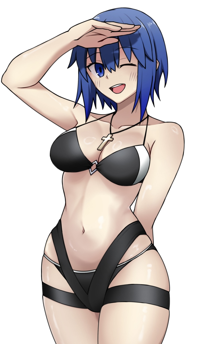 1girl absurdres bare_shoulders bikini black_bikini blue_eyes blue_hair blush breasts c.i.e.l_(fate) c.i.e.l_(first_ascension)_(fate) ciel_(tsukihime) cleavage collarbone cross cross_necklace fate/grand_order fate_(series) highres jewelry large_breasts looking_at_viewer moyashi_(tenor366) navel necklace one_eye_closed open_mouth short_hair smile solo swimsuit thighs
