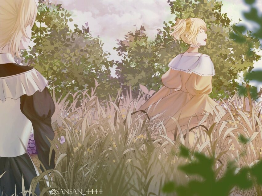 2girls akita_neru aku_no_musume_(vocaloid) back basket black_dress blurry blurry_foreground bow branch choker closed_eyes cloud cloudy_sky collared_dress dress evillious_nendaiki flower frilled_dress frills grass hair_bow half-siblings happy high_ponytail highres holding holding_basket hydrangea juliet_sleeves kagamine_rin leaf long_sleeves looking_at_another maid multiple_girls ney_phutapie off-shoulder_dress off_shoulder open_mouth ponytail puffy_long_sleeves puffy_sleeves riliane_lucifen_d&#039;autriche sansan_4444 sky smile tall_grass tree twitter_username updo vocaloid walking wide_sleeves yellow_bow yellow_choker yellow_dress