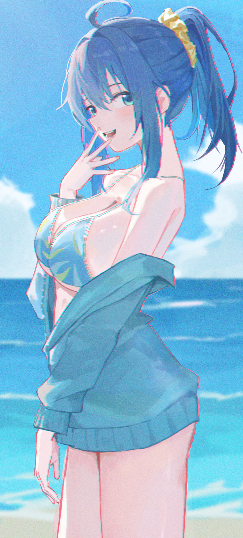 1girl :d absurdres ahoge beach bikini blue_bikini blue_eyes blue_hair blue_jacket blue_sky breasts cloud day from_side haimaotuanzi hand_up high_ponytail highres jacket large_breasts looking_at_viewer make_heroine_ga_oo_sugiru! ocean open_mouth outdoors ponytail scrunchie sky smile solo swimsuit thighs water yanami_anna yellow_scrunchie