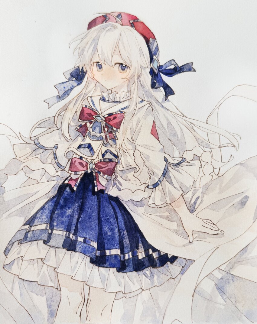 1girl absurdres arcaea blue_eyes blue_ribbon blue_skirt bow bowtie closed_mouth feet_out_of_frame hat hat_ribbon highres hikari_(arcaea) long_hair looking_at_viewer maboroshi_(freeze000) painting_(medium) pleated_skirt red_bow red_bowtie red_hat ribbon sailor_collar shirt skirt solo standing three-quarter_sleeves traditional_media very_long_hair waist_bow watercolor_(medium) white_background white_hair white_sailor_collar white_shirt