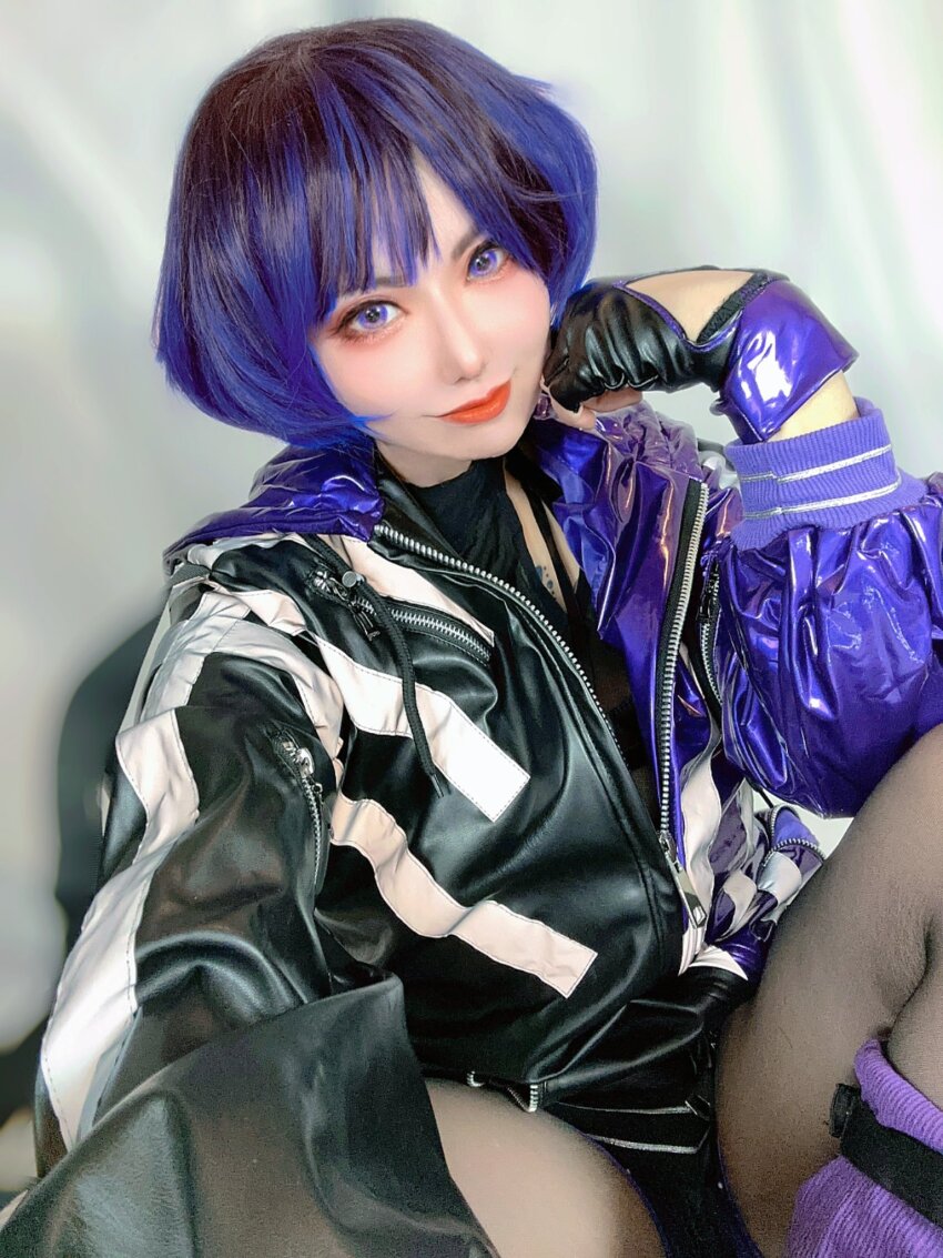 1girl cosplay cosplay_photo elle_piyo female_focus fingerless_gloves gloves highres hood hooded_jacket jacket looking_at_viewer namco photo_(medium) purple_jacket real_life reina_(tekken) reina_(tekken)_(cosplay) short_hair smile solo tekken tekken_8