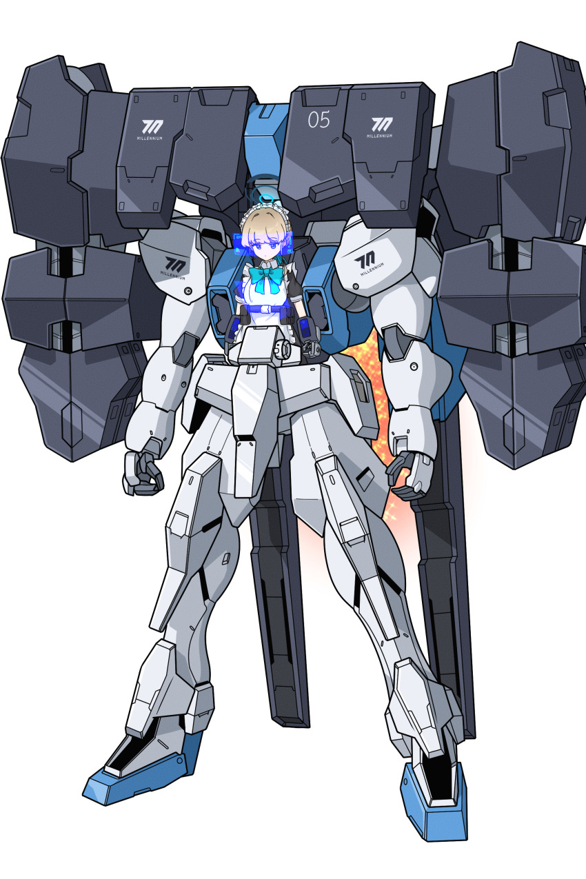 1girl absurdres apron augmented_reality blue_archive blue_bow blue_bowtie blue_eyes bow bowtie bun_cover commentary_request crossover full_body gundam gundam_00 gundam_00_a_wakening_of_the_trailblazer gundam_raphael halo highres hrna light_brown_hair long_hair looking_at_viewer maid maid_apron maid_headdress mecha mecha_musume piloting robot short_sleeves sidelocks simple_background solo standing toki_(blue_archive) white_background
