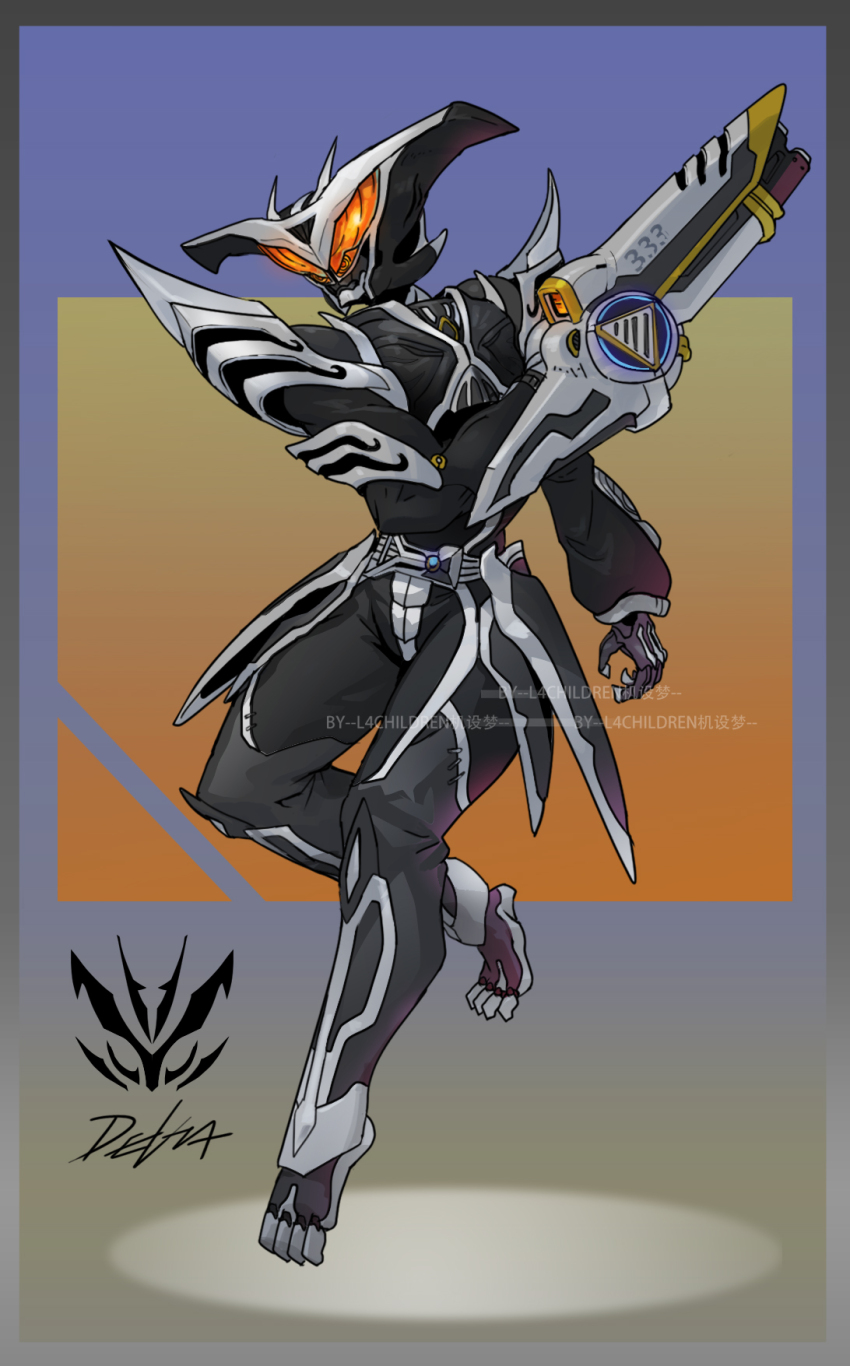 1boy alien armor belt broad_shoulders full_body glowing glowing_eyes gun handgun heisei helmet highres kamen_rider kamen_rider_555 kamen_rider_delta male_focus monster orange_eyes rcj solo tokusatsu weapon