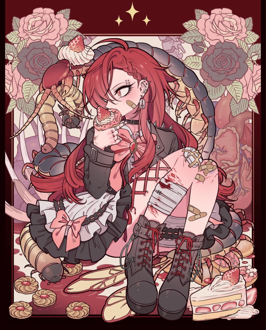 1other bandaged_leg bandages bandaid bandaid_on_leg black_boots black_collar black_eyeshadow black_flower black_jacket black_rose black_skirt boots bow bruise bug cake centipede collar cookie corset_piercing donut ear_piercing earrings eating eyeshadow flower food frilled_skirt frills fruit full_body hair_over_one_eye heart_(organ) highres holding holding_food injury jacket jewelry kei_(meremero) knees_up lace-up_boots long_hair long_sleeves looking_to_the_side maggot makeup meremero nail_polish original oversized_insect piercing pink_bow pink_flower pink_rose razor_blade red_eyes red_hair ring rose scratches sitting skirt solo strawberry strawberry_shortcake thigh_strap