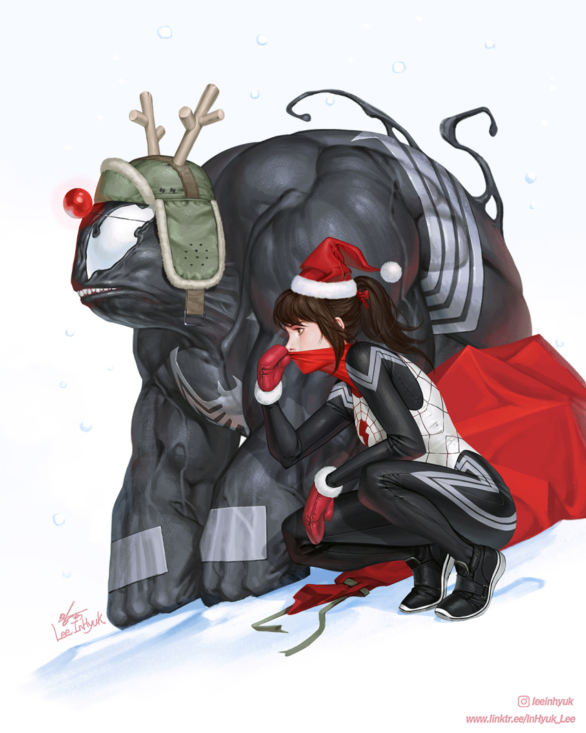 1boy 1girl artist_name black_bodysuit black_footwear bodysuit bow brown_eyes brown_hair christmas cindy_moon collarbone commentary covered_mouth creature english_commentary fake_antlers full_body fur-trimmed_gloves fur-trimmed_headwear fur_trim gift_bag gloves green_hat hair_bow hand_up hat highres in-hyuk_lee lightning_bolt_print long_hair looking_to_the_side marvel mask mouth_mask pom_pom_(clothes) ponytail red_bag red_bow red_gloves red_hat red_mask santa_hat sharp_teeth shoes sidelocks silk_(marvel) simple_background sneakers snow snowing spider-man_(series) spider_web_print superhero_costume symbiote teeth two-tone_bodysuit venom_(marvel) white_background white_bodysuit