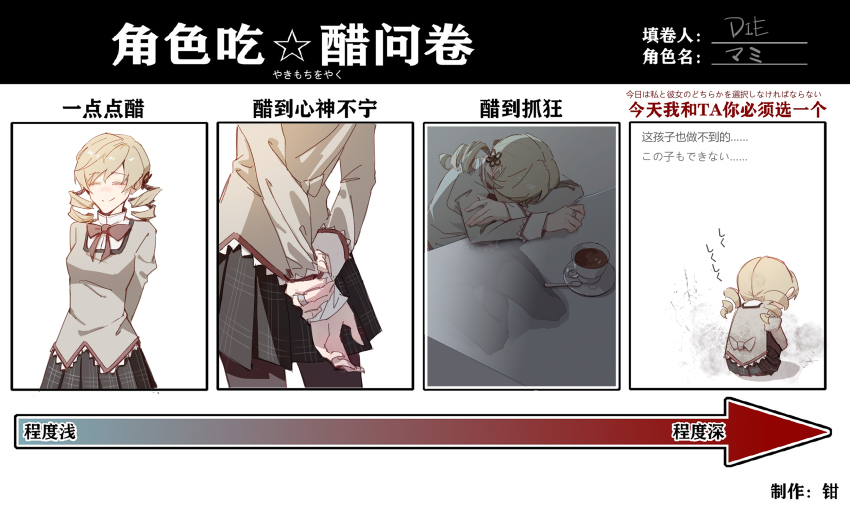 1girl ^_^ arms_behind_back arms_on_table arrow_(symbol) artist_name back_bow black_pantyhose black_skirt blonde_hair bow bowtie brown_bow brown_shirt chinese_text closed_eyes closed_mouth collar commentary covered_face crossed_arms cup curled_up dark die_(die0118) drill_hair flower_hairpin glass_table happy head_on_arm high_collar highres holding_own_wrist juliet_sleeves kneeling lace lace-trimmed_shirt lace-trimmed_sleeves lace_trim long_hair long_sleeves mahou_shoujo_madoka_magica mahou_shoujo_madoka_magica_(anime) meme meme_request miniskirt mitakihara_school_uniform multiple_drawing_challenge multiple_views pantyhose plaid_clothes plaid_skirt pleated_skirt puffy_sleeves red_bow red_bowtie sad saucer school_uniform shadow shirt sitting skirt smile standing table tea teacup teasing tomoe_mami translation_request twin_drills white_background white_sleeve_cuffs