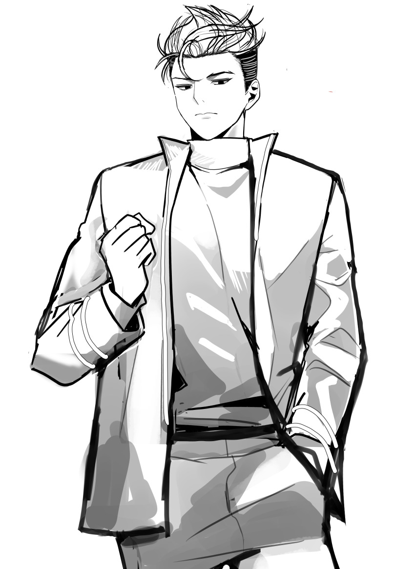 1boy absurdres clenched_hand greyscale hand_in_pocket highres hudson_ahn jacket kasuga_kaya korean_commentary looking_at_viewer lookism monochrome open_clothes open_jacket short_hair simple_background sketch solo