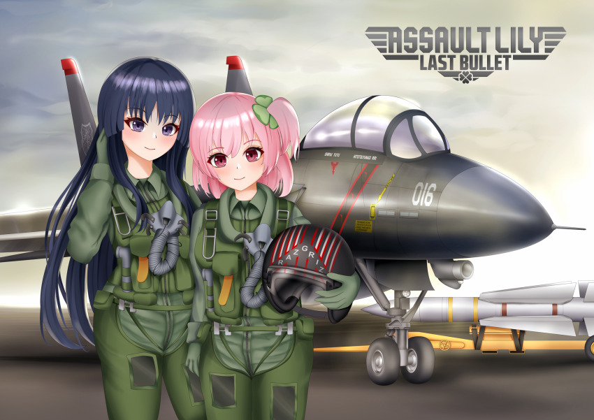 2girls ace_combat ace_combat_5 aircraft airfield airplane arm_at_side assault_lily black_hair character_name closed_mouth cloud cloudy_sky clover_hair_ornament commentary_request copyright_name cowboy_shot evening f-14_tomcat fighter_jet flight_suit four-leaf_clover_hair_ornament g-suit hair_ornament hand_in_own_hair hand_up helmet highres hitotsuyanagi_riri holding holding_helmet imai_tomohiro light_blush long_hair looking_at_viewer military_vehicle missile multiple_girls name_connection one_side_up parody pilot_helmet pilot_suit pink_eyes purple_eyes razgriz shirai_yuyu short_hair side-by-side sidelocks sky smile standing unworn_headwear unworn_helmet very_long_hair