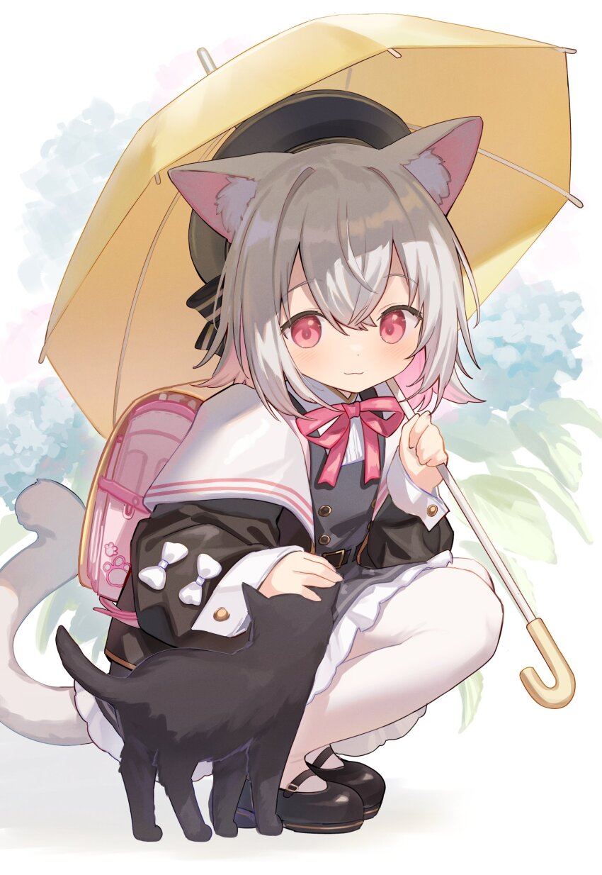 1girl absurdres animal_ear_fluff animal_ears backpack bag beret black_cat black_hat black_jacket black_shoes blue_dress cat cat_ears cat_girl cat_tail cloneko_(zelmeledf2) closed_mouth colored_inner_hair commentary_request crossed_bangs dress flipped_hair full_body hair_between_eyes hat highres holding holding_umbrella jacket long_sleeves mary_janes medium_hair multicolored_hair neck_ribbon open_clothes open_jacket pantyhose petting pinafore_dress pink_bag pink_eyes pink_hair pink_ribbon randoseru ribbon sayo_(voicevox) shirt shoes sleeveless sleeveless_dress smile solo squatting tail two-tone_hair umbrella voicevox white_hair white_pantyhose white_shirt