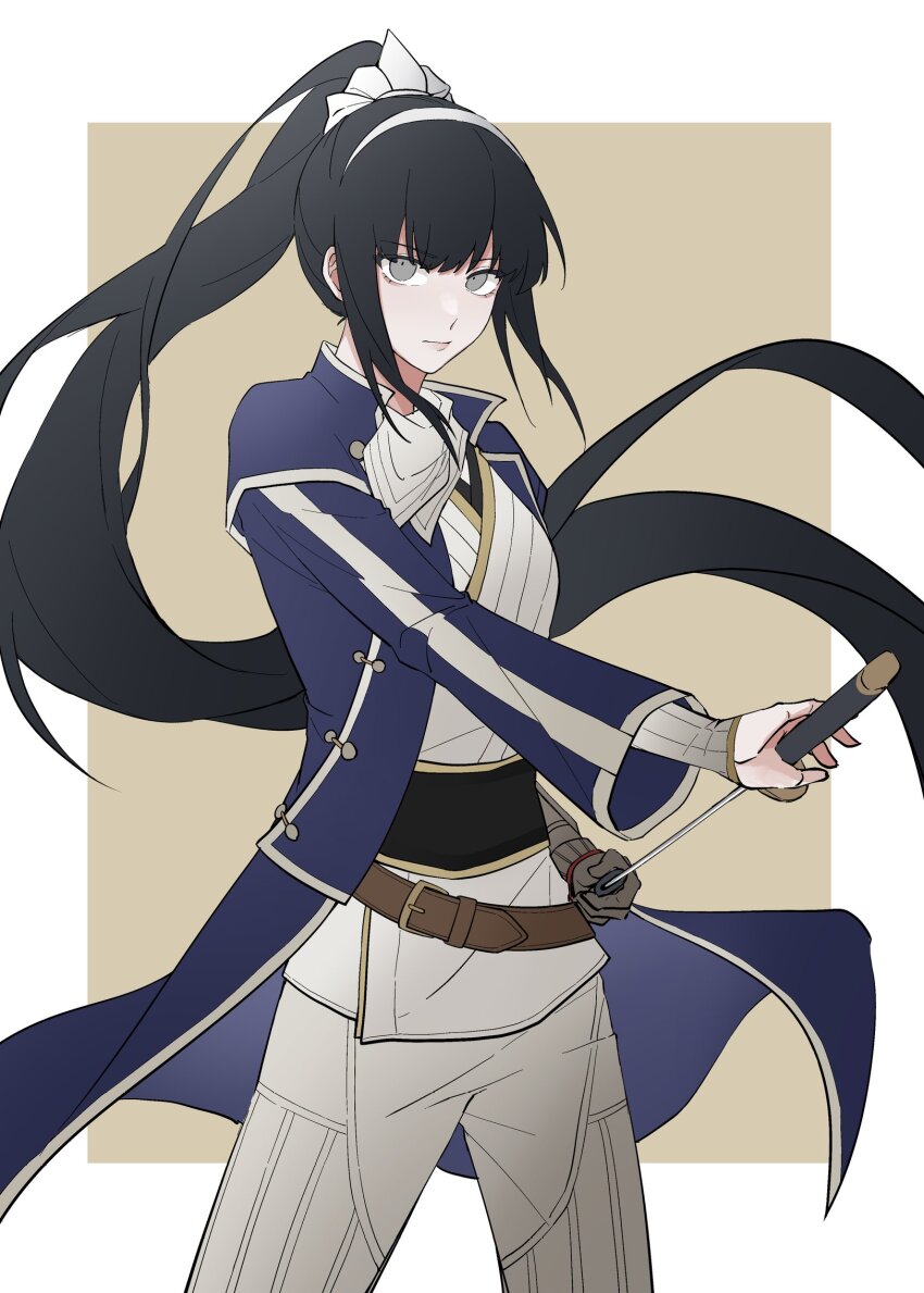 ascot belt black_hair black_sash blue_coat border brown_background brown_belt coat comp_(megami_tensei) cosplay cowboy_shot flynn_(megami_tensei) flynn_(megami_tensei)_(cosplay) gauntlets grey_eyes hairband highres holding holding_sheath holding_sword holding_weapon long_hair magadori_kyoshika mochiwarau outside_border pants ponytail sash sheath shin_megami_tensei shin_megami_tensei_iv single_gauntlet sword the_hundred_line_-last_defense_academy- unsheathing weapon white_ascot white_border white_pants white_trim yellow_trim
