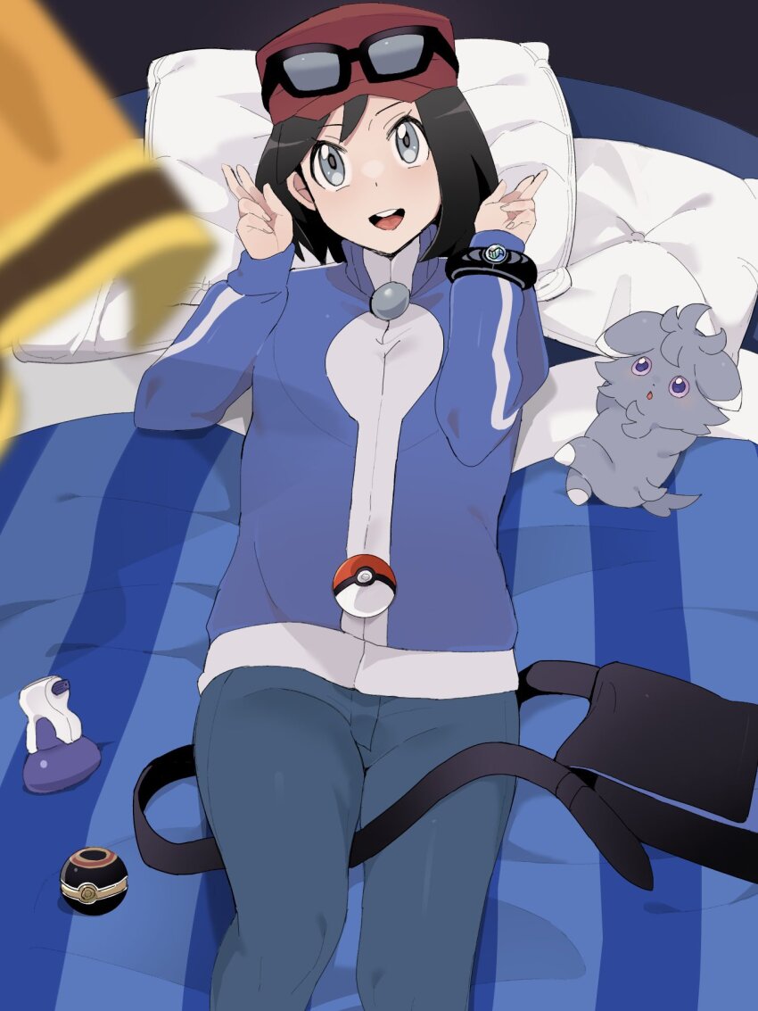 1boy :d black_bag black_hair blue_jacket blurry bracelet calem_(pokemon) commentary_request double_v espurr eyewear_on_headwear gen_6_pokemon grey_eyes hands_up hat head_on_pillow highres jacket jewelry long_sleeves luxury_ball lying male_focus nintendo on_back on_bed open_mouth pants pillow poke_ball pokemon pokemon_(creature) pokemon_xy potion_(pokemon) red_hat sana_(37pisana) short_hair smile sunglasses teeth tongue upper_teeth_only v